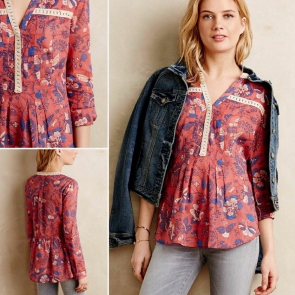 Anthropologie Maeve Red Abella Pintuck Tunic